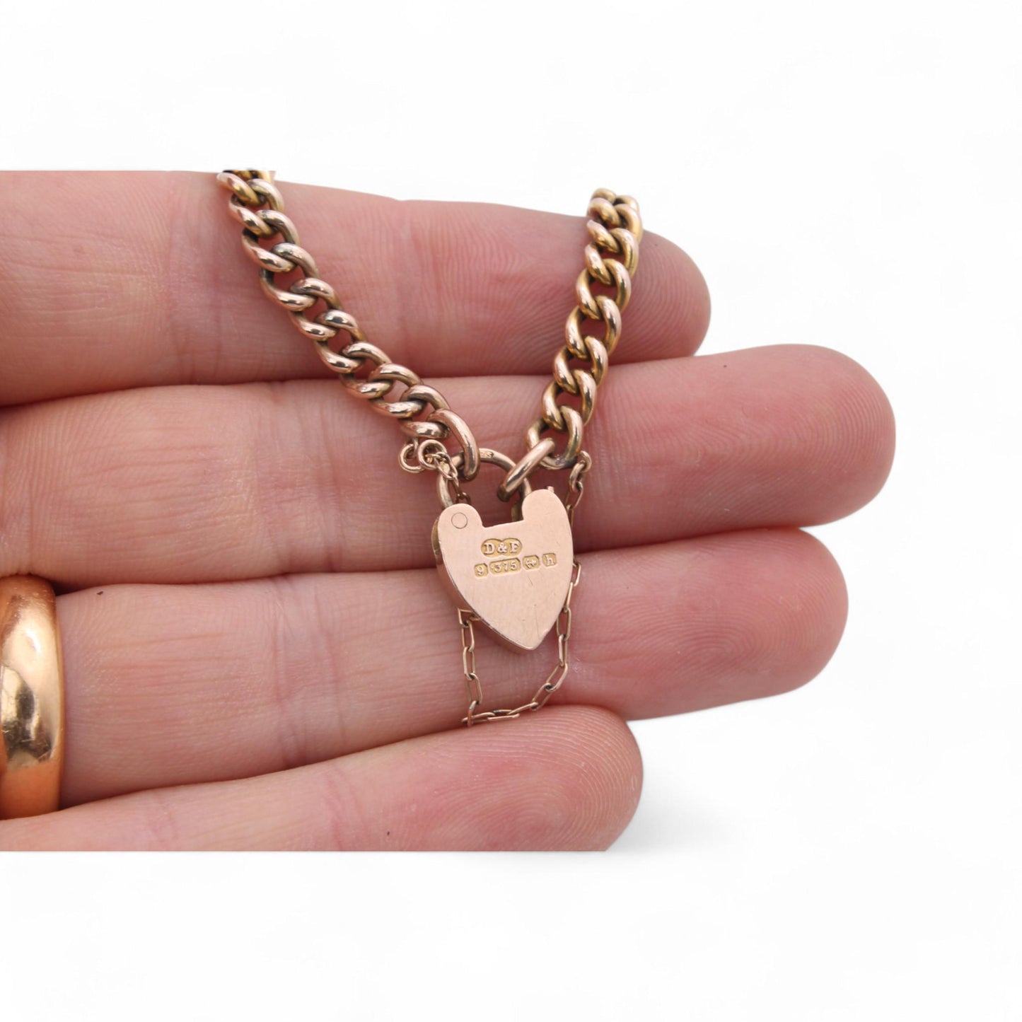 Antique 9ct Gold Heart Padlock Gate Bracelet, 6.75"