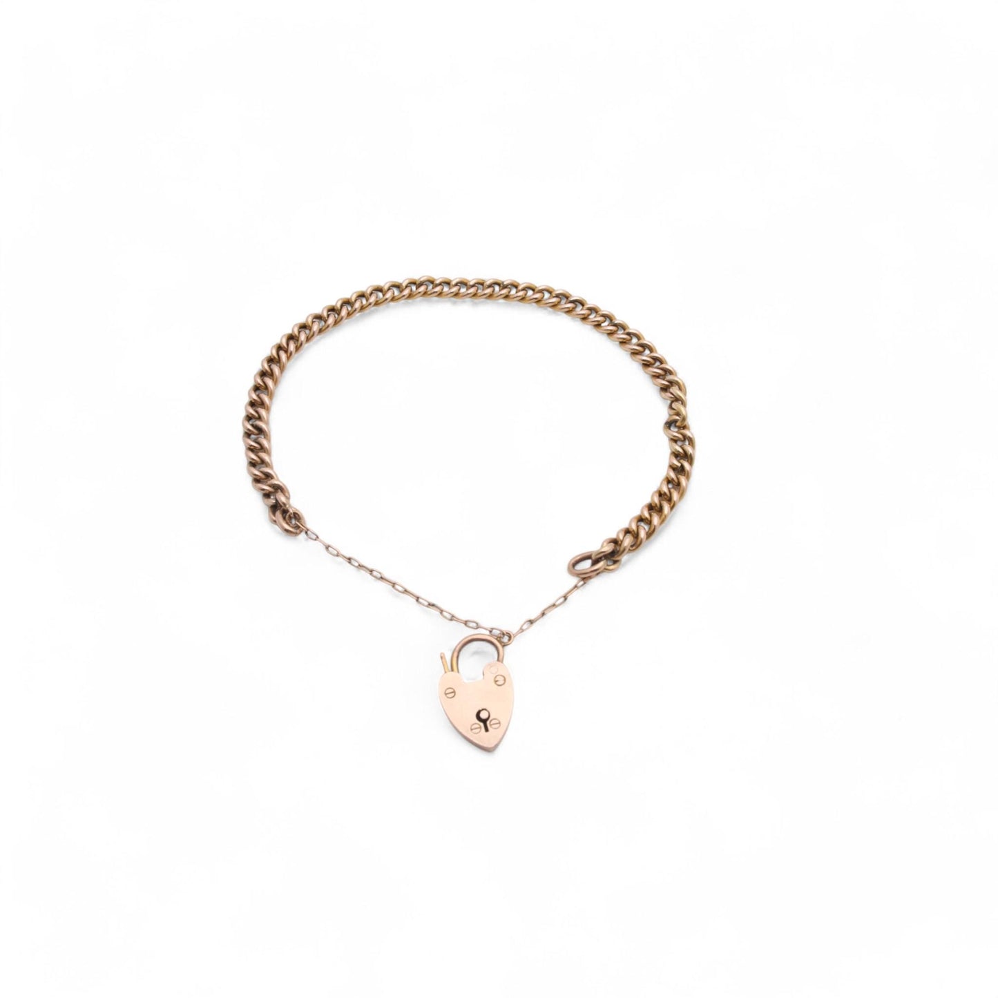Antique 9ct Gold Heart Padlock Gate Bracelet, 6.75"