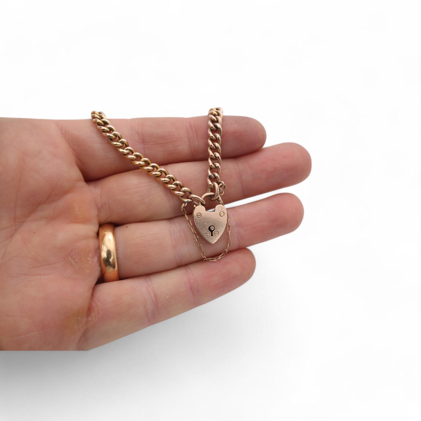 Antique 9ct Gold Heart Padlock Gate Bracelet, 6.75"