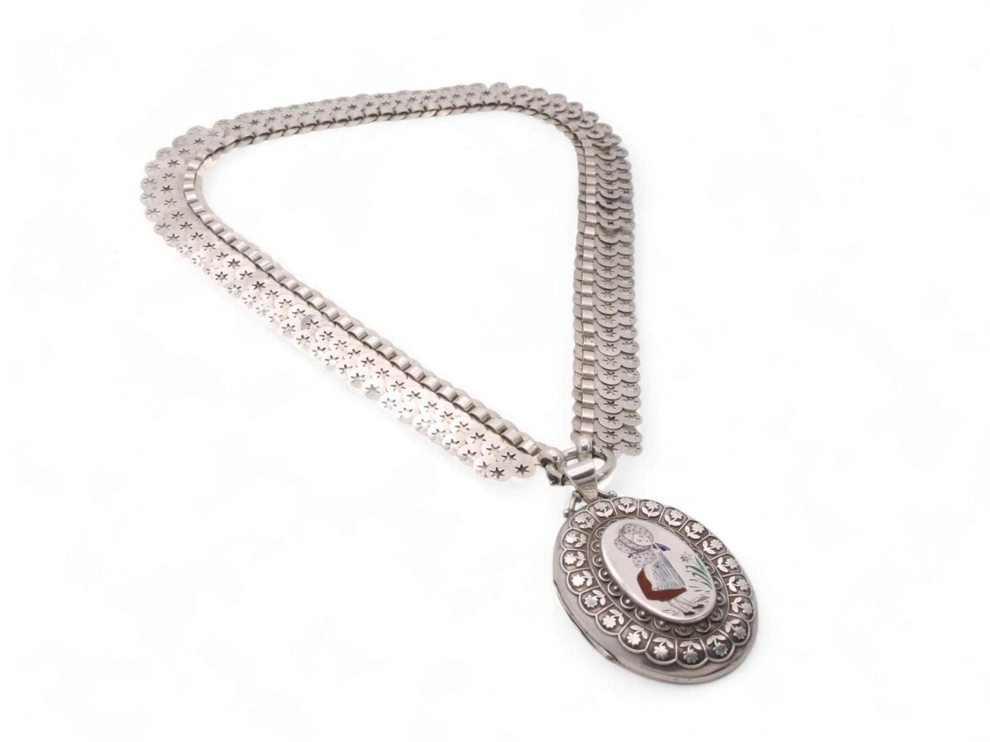 Antique Sterling Silver Star Collar With Enamelled Bo Peep Locket, 1882