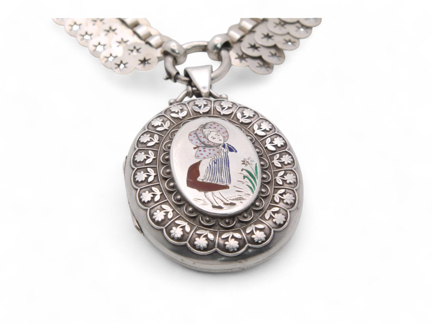 Antique Sterling Silver Star Collar With Enamelled Bo Peep Locket, 1882