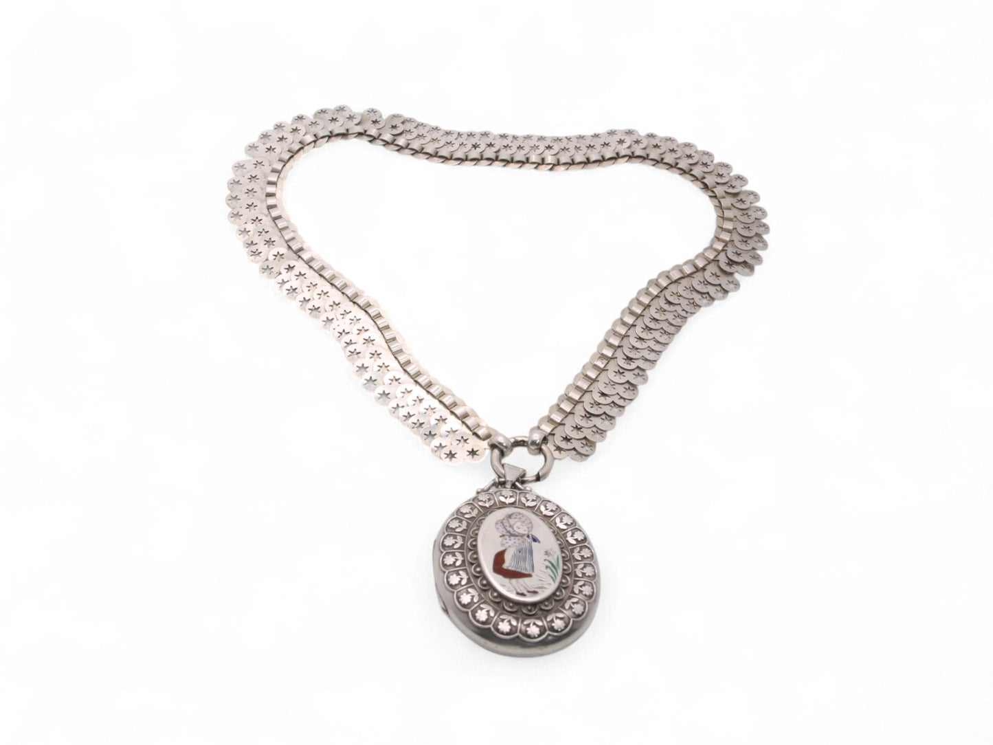 Antique Sterling Silver Star Collar With Enamelled Bo Peep Locket, 1882