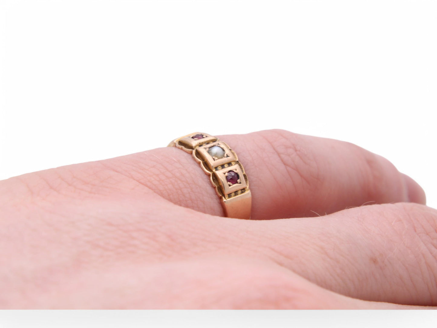 Antique 15ct Gold Ruby & Pearl Gypsy Ring, 1889
