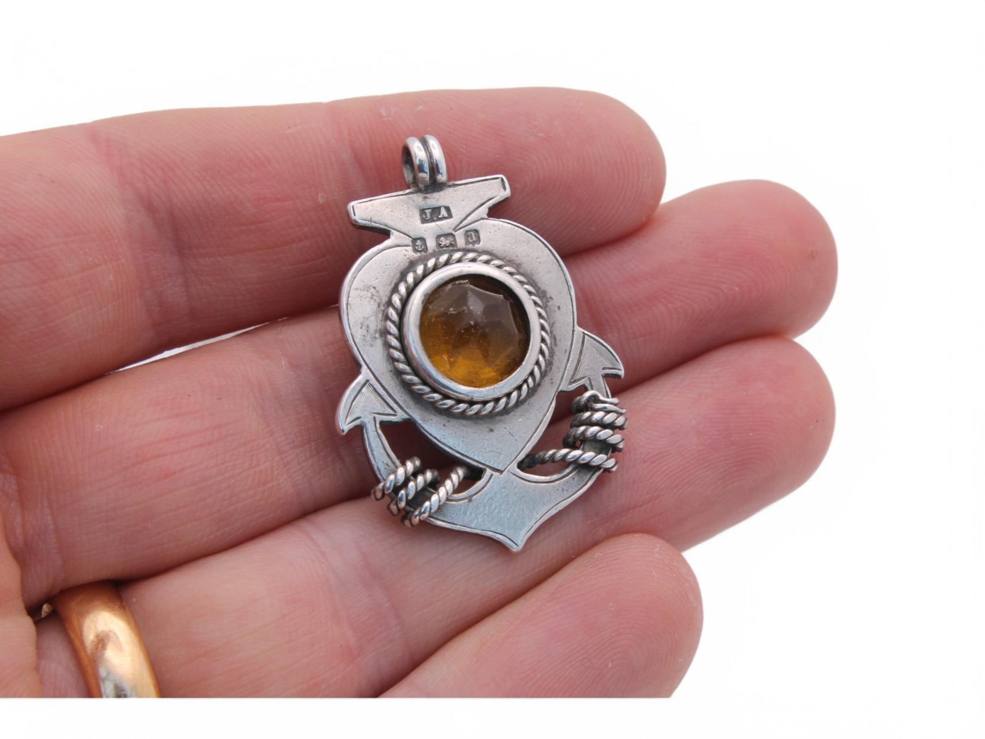 Antique-Sterling-Silver-Anchor-Citrine-Pendant-'Mizpah'