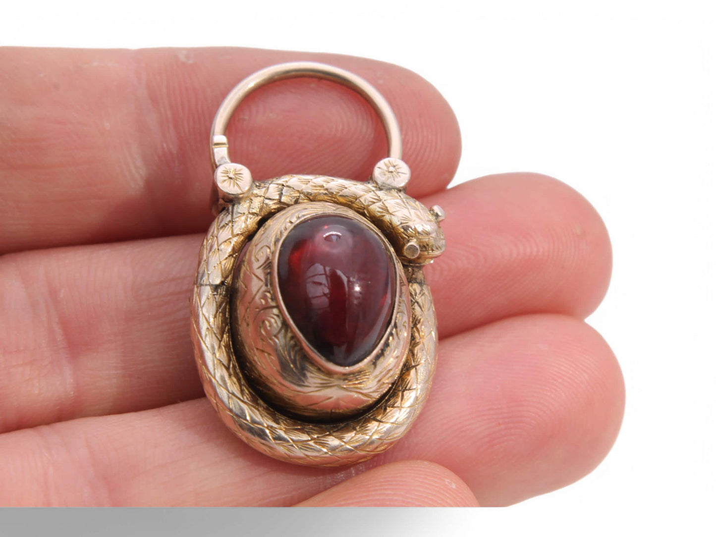 Antique Victorian 15ct Gold Garnet Cabochon Snake Pendant