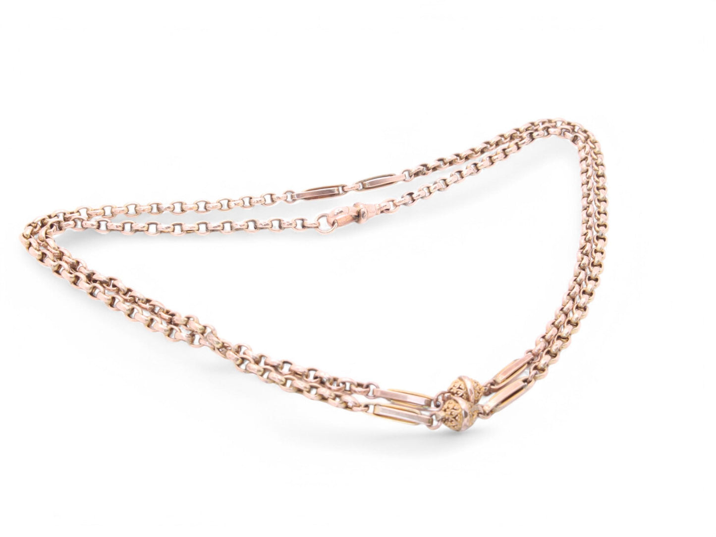 Antique-9ct-Gold-Fancy-Fetter-&-Ball-Link-Necklace-Long-Guard,-31.5"