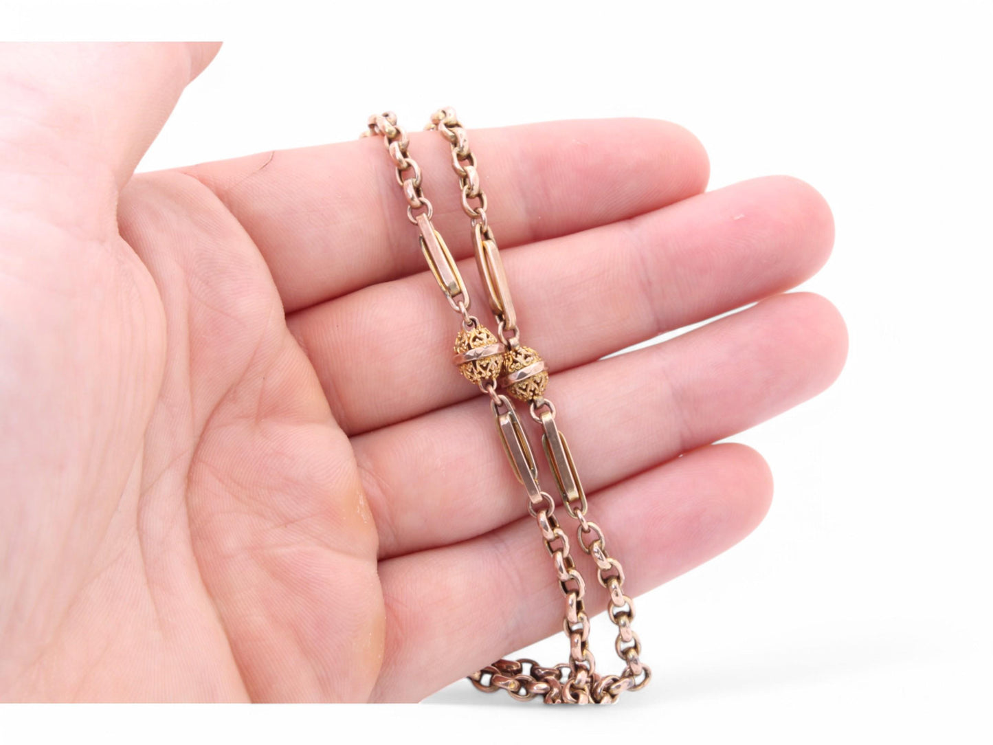 Antique 9ct Gold Fancy Fetter & Ball Link Necklace Long Guard, 31.5"