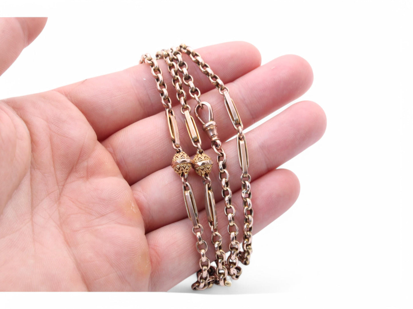 Antique 9ct Gold Fancy Fetter & Ball Link Necklace Long Guard, 31.5"