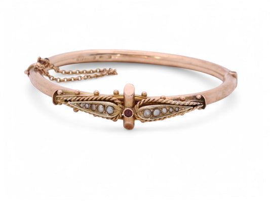 Antique 9ct Gold Ruby Pearl Bangle, 6"
