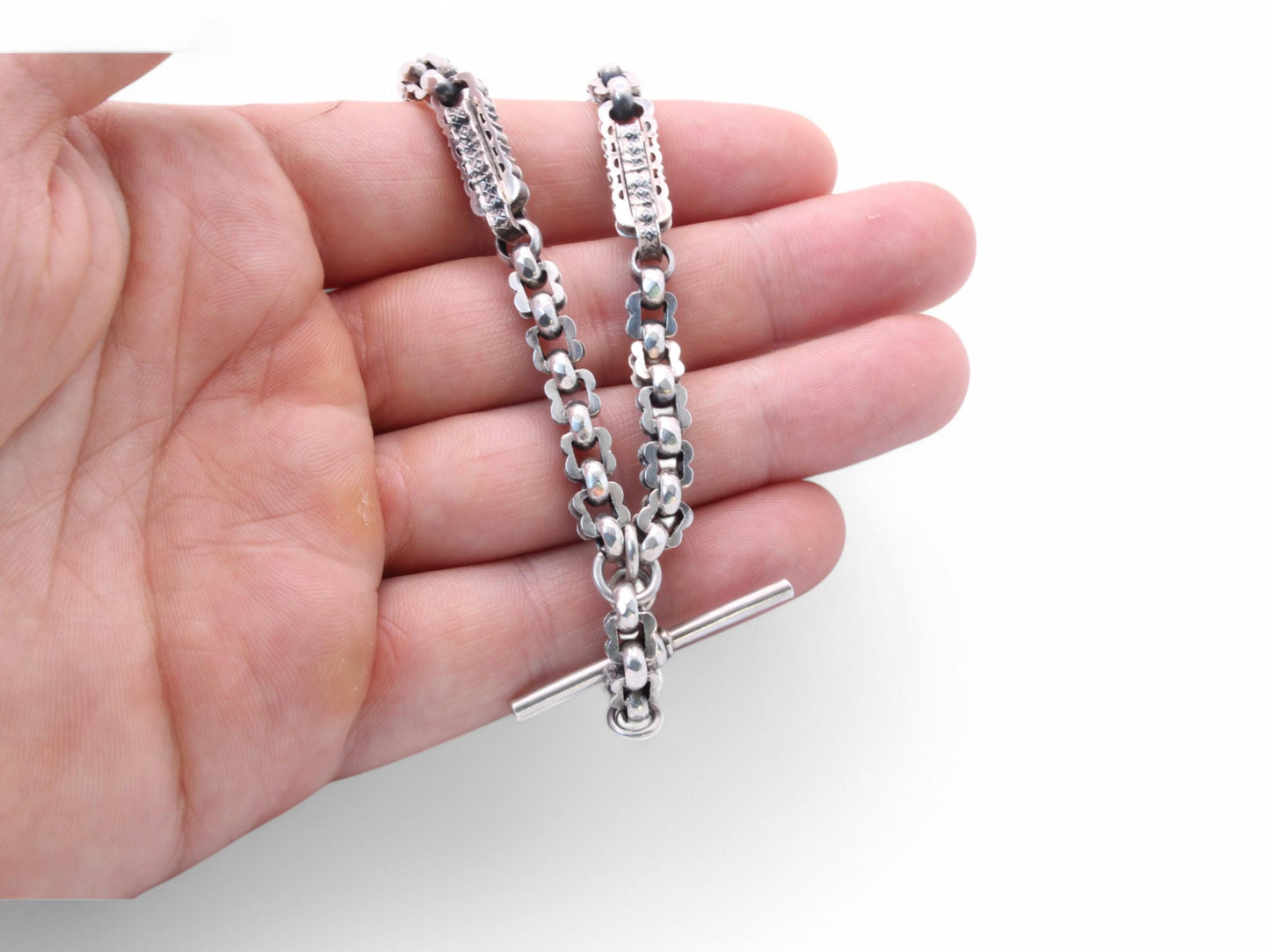 Antique Sterling Silver Fancy Link Albert Chain Necklace, 14.3"