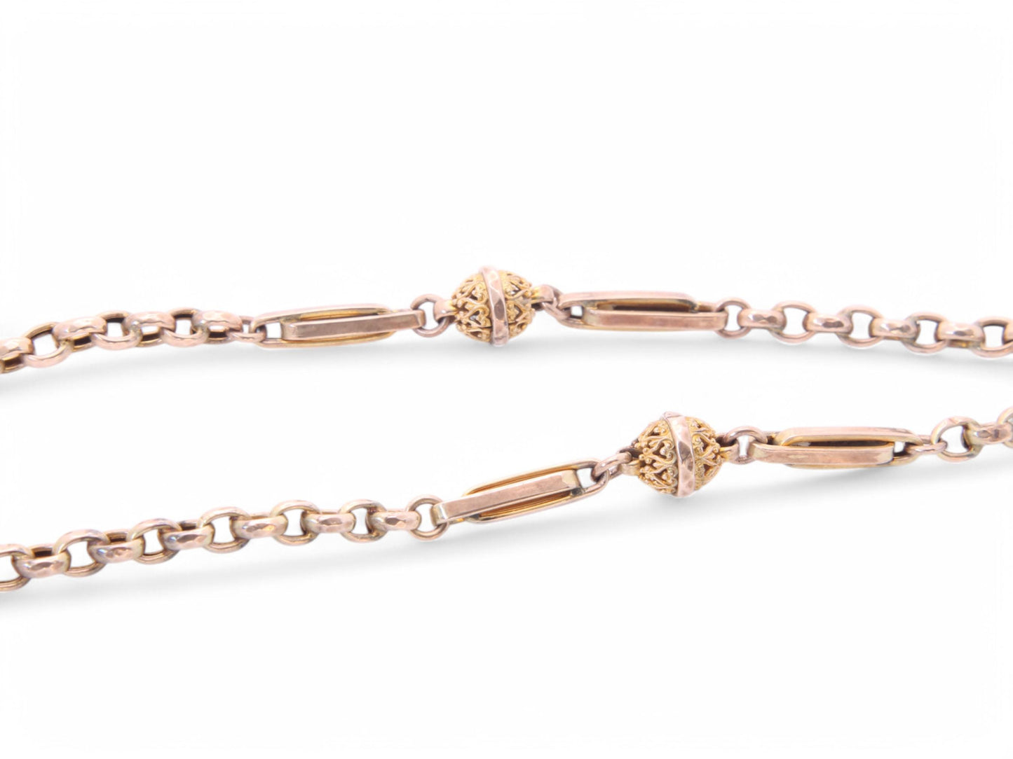 Antique 9ct Gold Fancy Fetter & Ball Link Necklace Long Guard, 31.5"