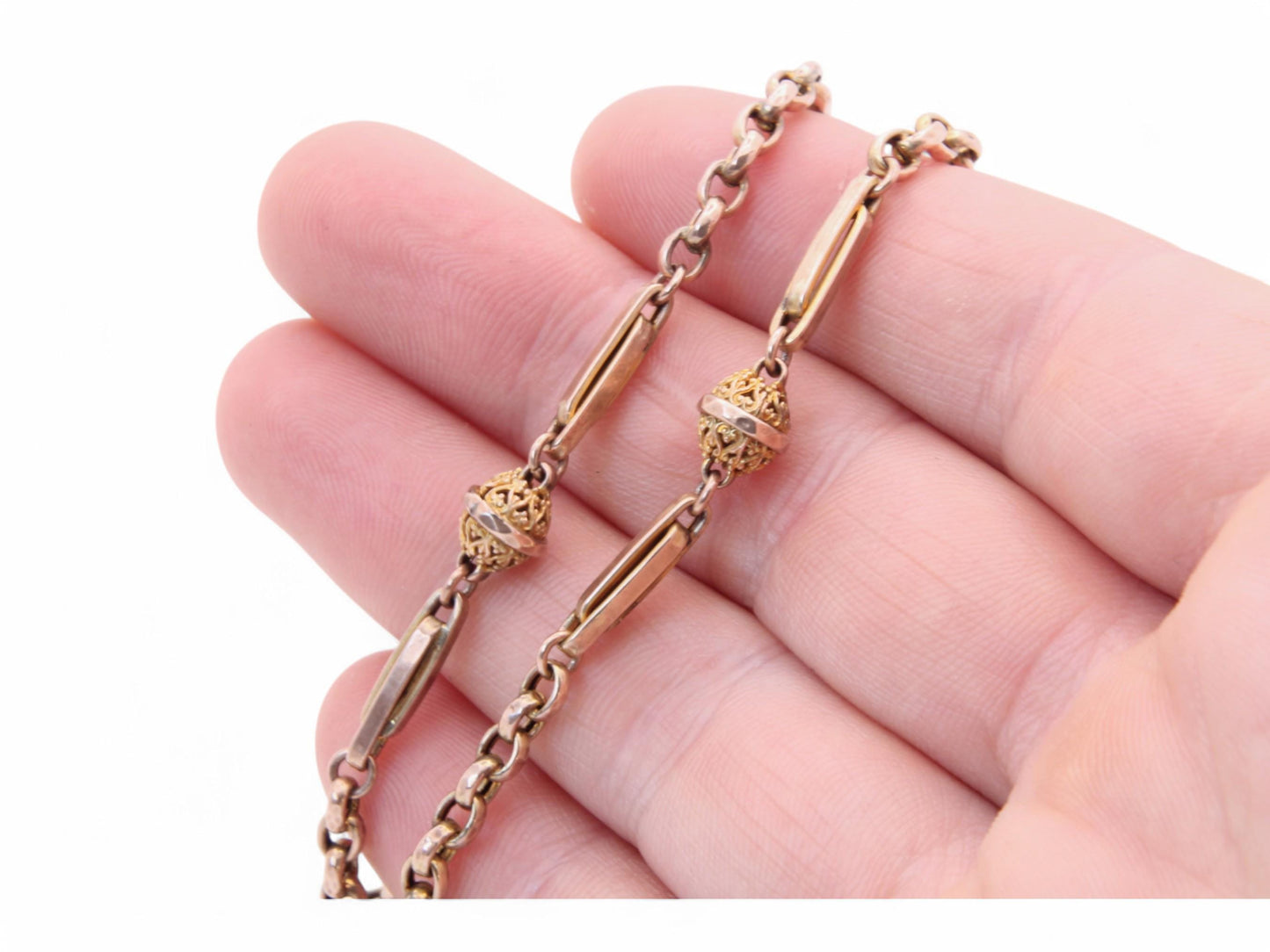 Antique 9ct Gold Fancy Fetter & Ball Link Necklace Long Guard, 31.5"