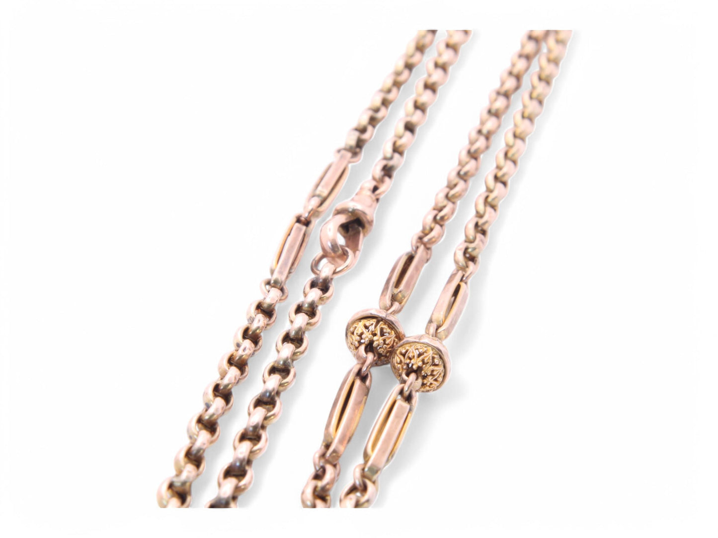 Antique 9ct Gold Fancy Fetter & Ball Link Necklace Long Guard, 31.5"