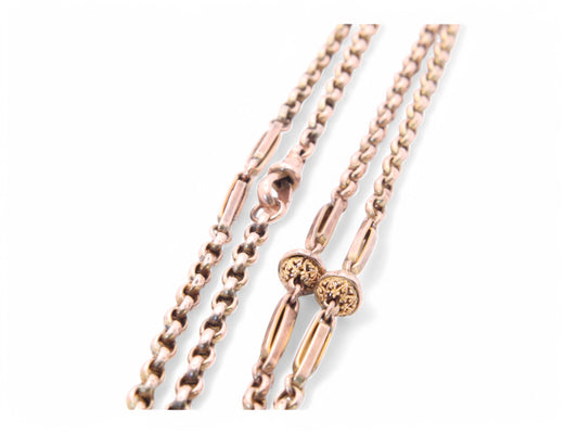 Antique 9ct Gold Fancy Fetter & Ball Link Necklace Long Guard, 31.5"