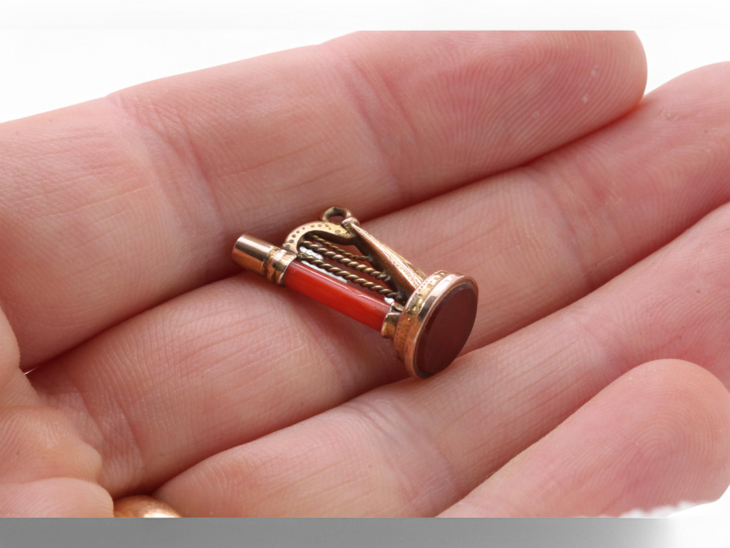 Antique 9ct Gold Coral Harp Pendant Watch Key