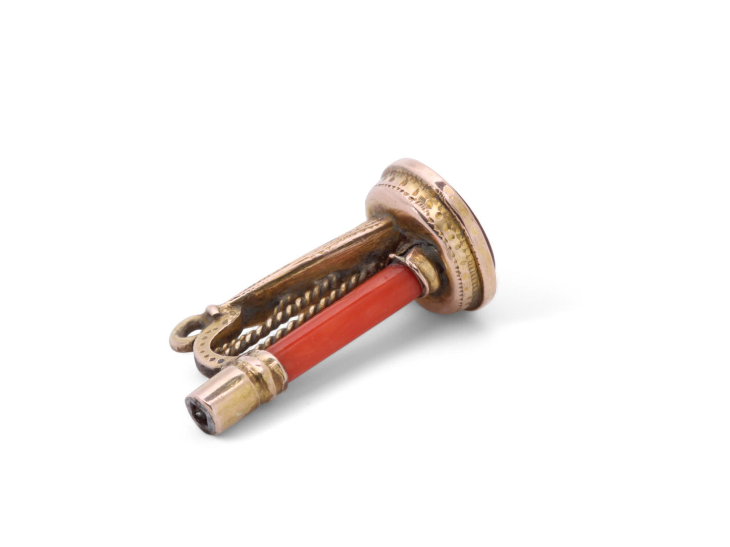 Antique 9ct Gold Coral Harp Pendant Watch Key