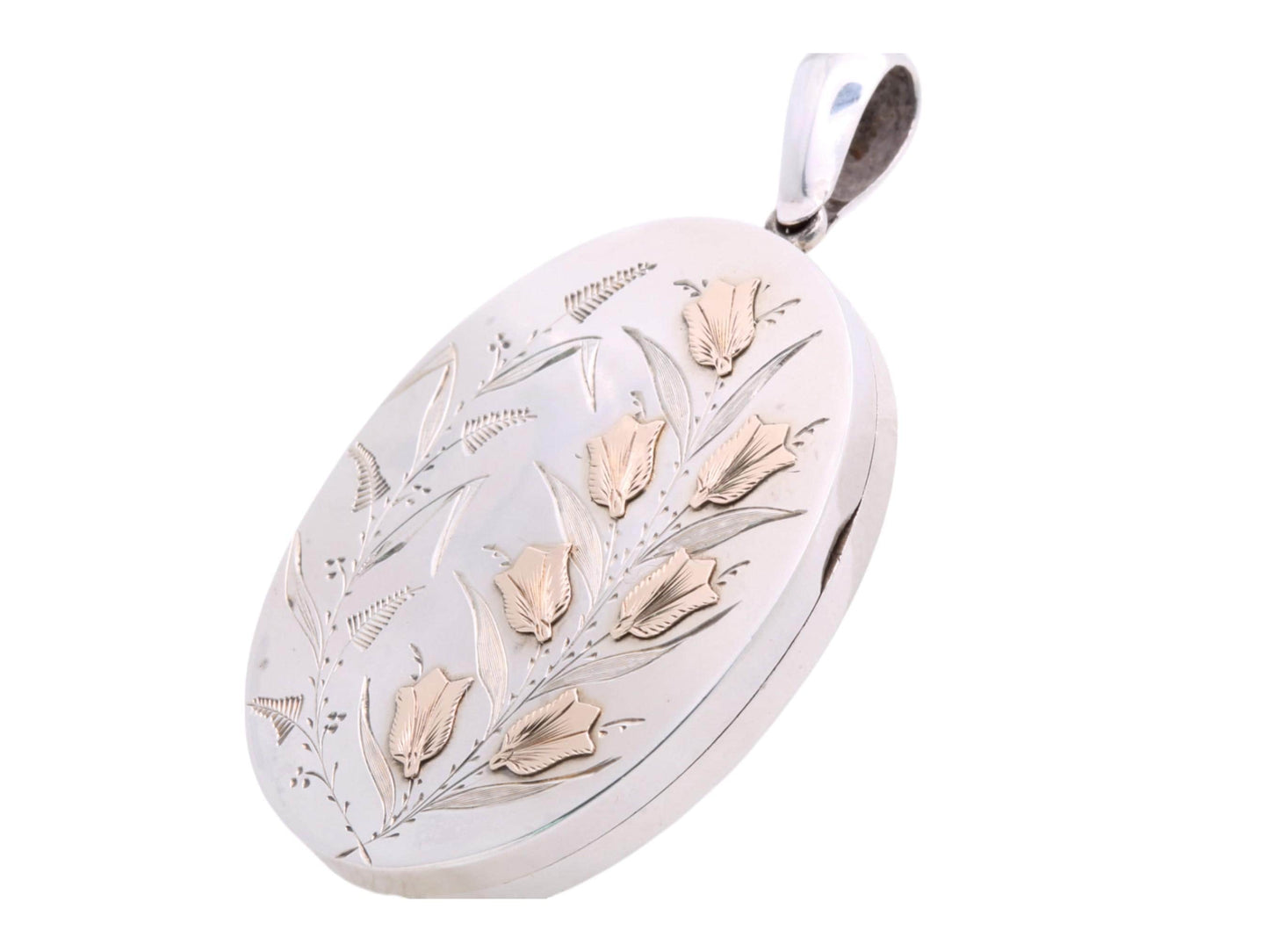 Victorian Sterling Silver Tulip Locket: 9ct Gold Flowers, 1880