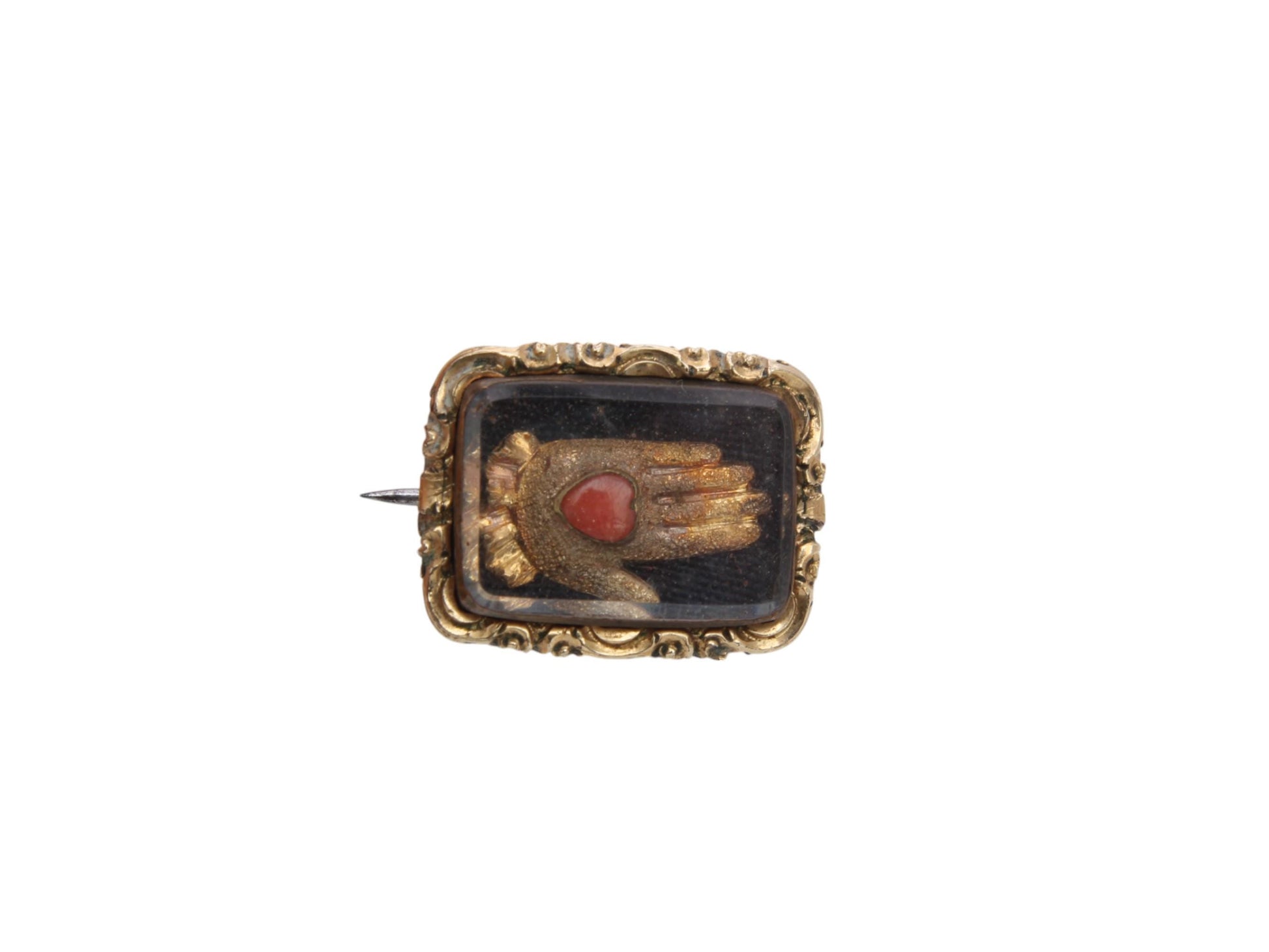 Antique-Georgian-9ct-Gold-Filled-Hand-Coral-Heart-Brooch