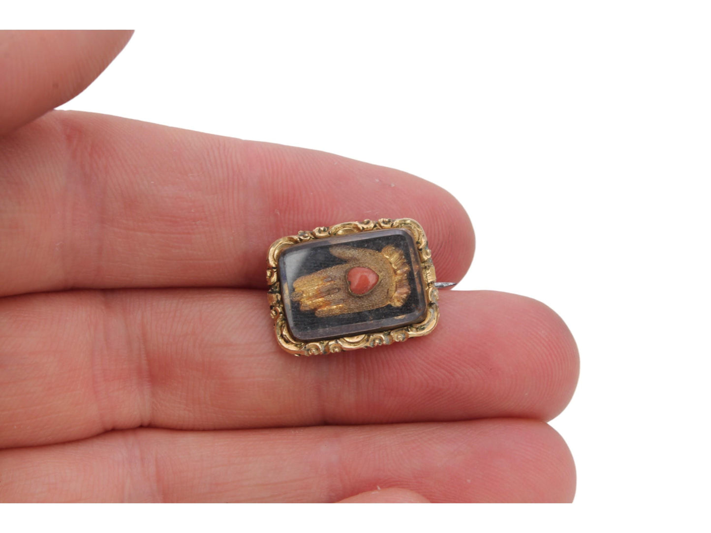 Antique Georgian 9ct Gold Filled Hand Coral Heart Brooch