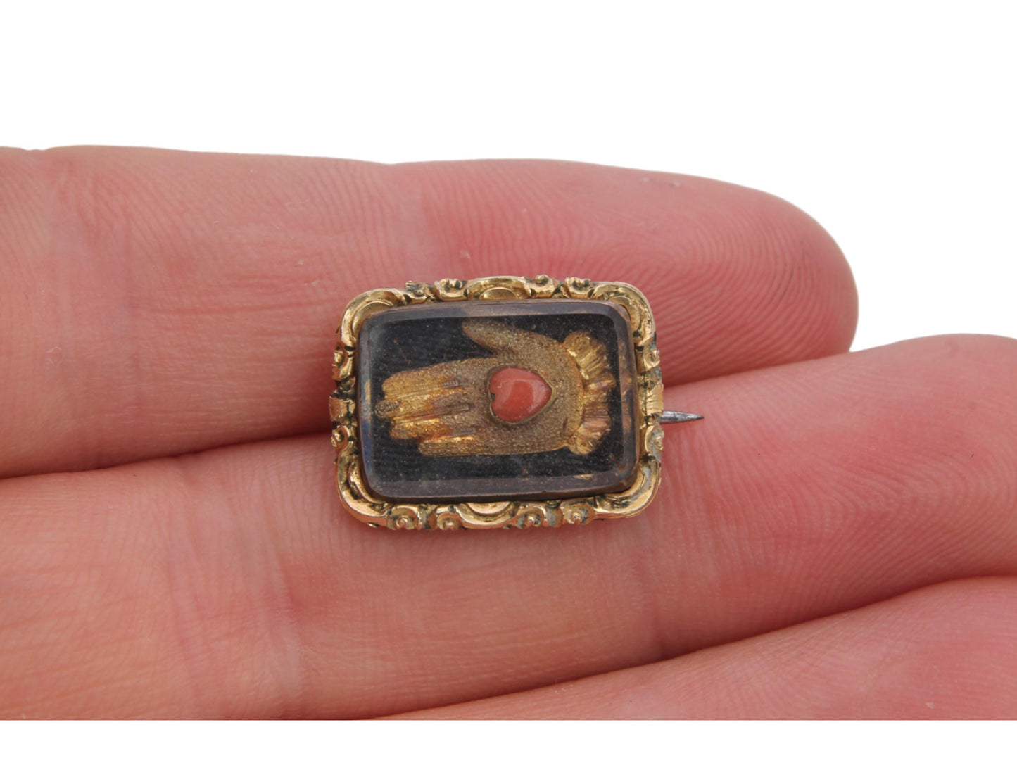 Antique Georgian 9ct Gold Filled Hand Coral Heart Brooch