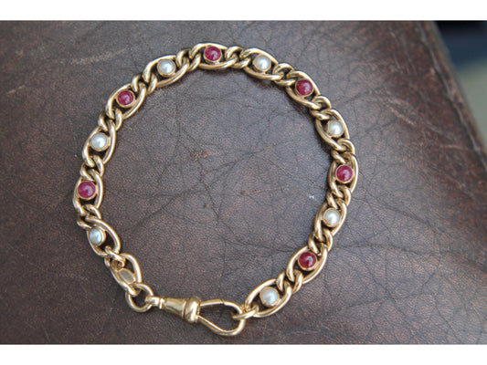 Antique 9ct Yellow Gold Ruby Cabochon Pearl Bracelet 1.75ct, 7.5"