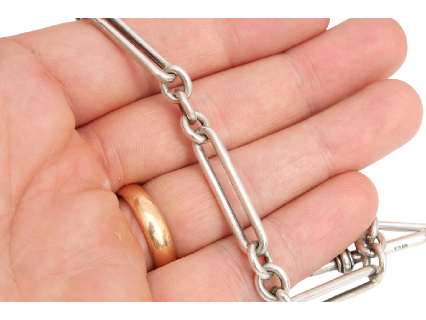 Antique Sterling Silver Trombone Link Albert Chain Necklace, 15.25"