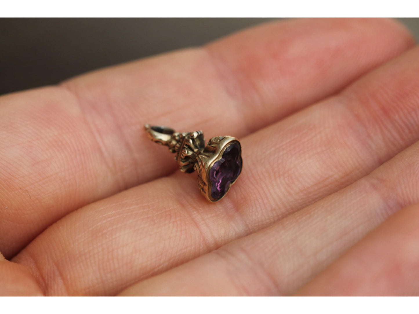 Antique 9ct Gold Amethyst Intaglio Bird With Letter Pendant Seal