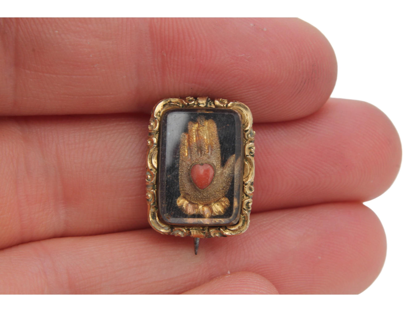 Antique Georgian 9ct Gold Filled Hand Coral Heart Brooch
