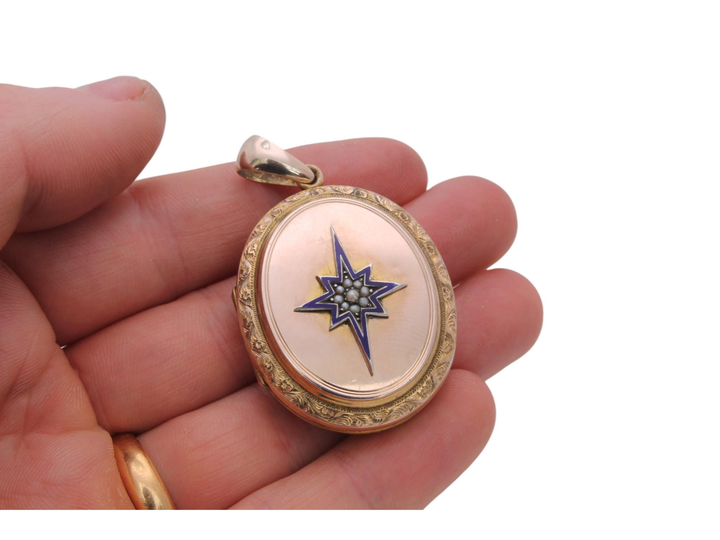 Antique 9ct Gold Blue Enamel Star Pearl Locket