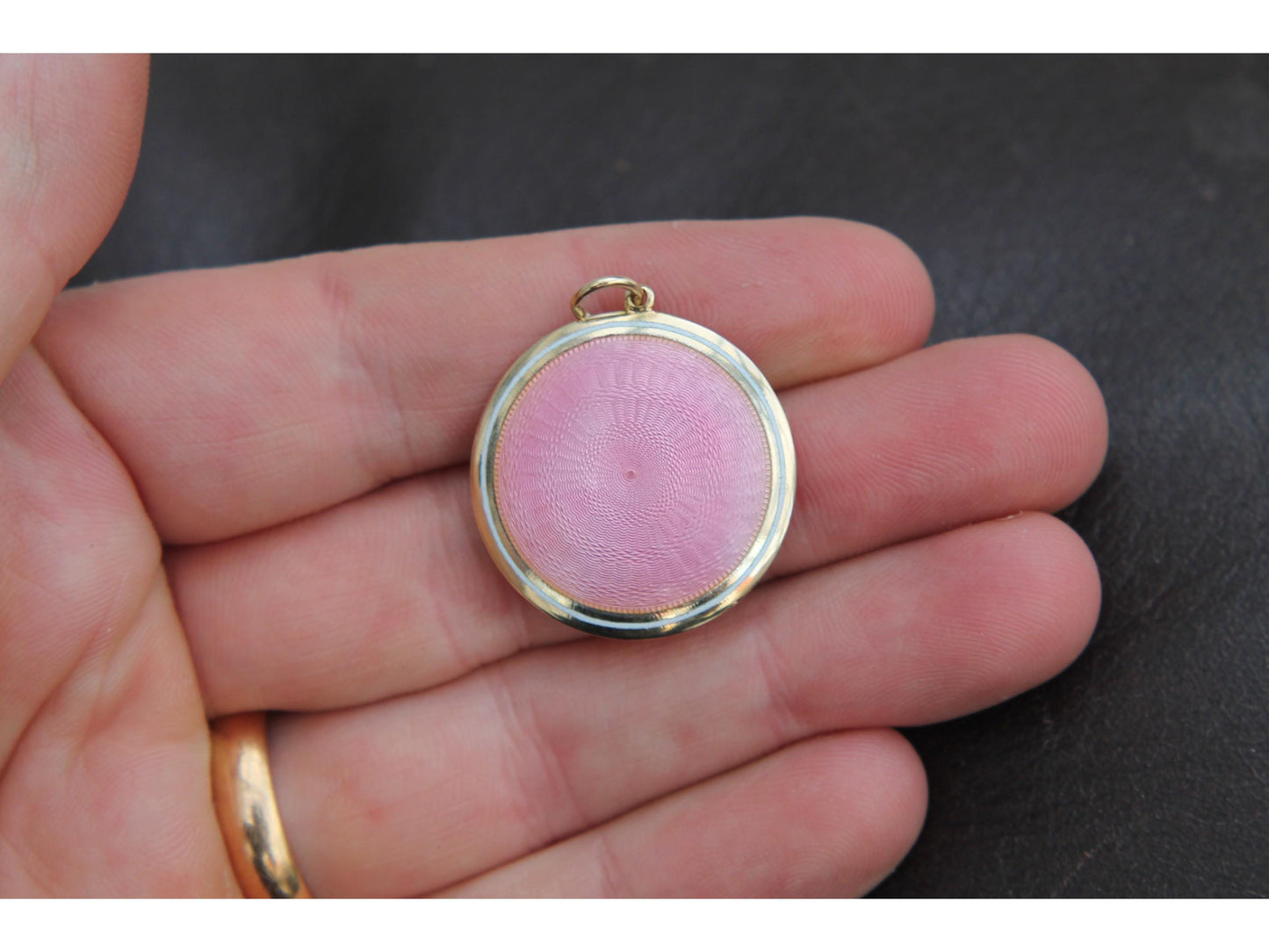 Antique 9ct Gold Pink Guilloche Enamel Locket Pendant