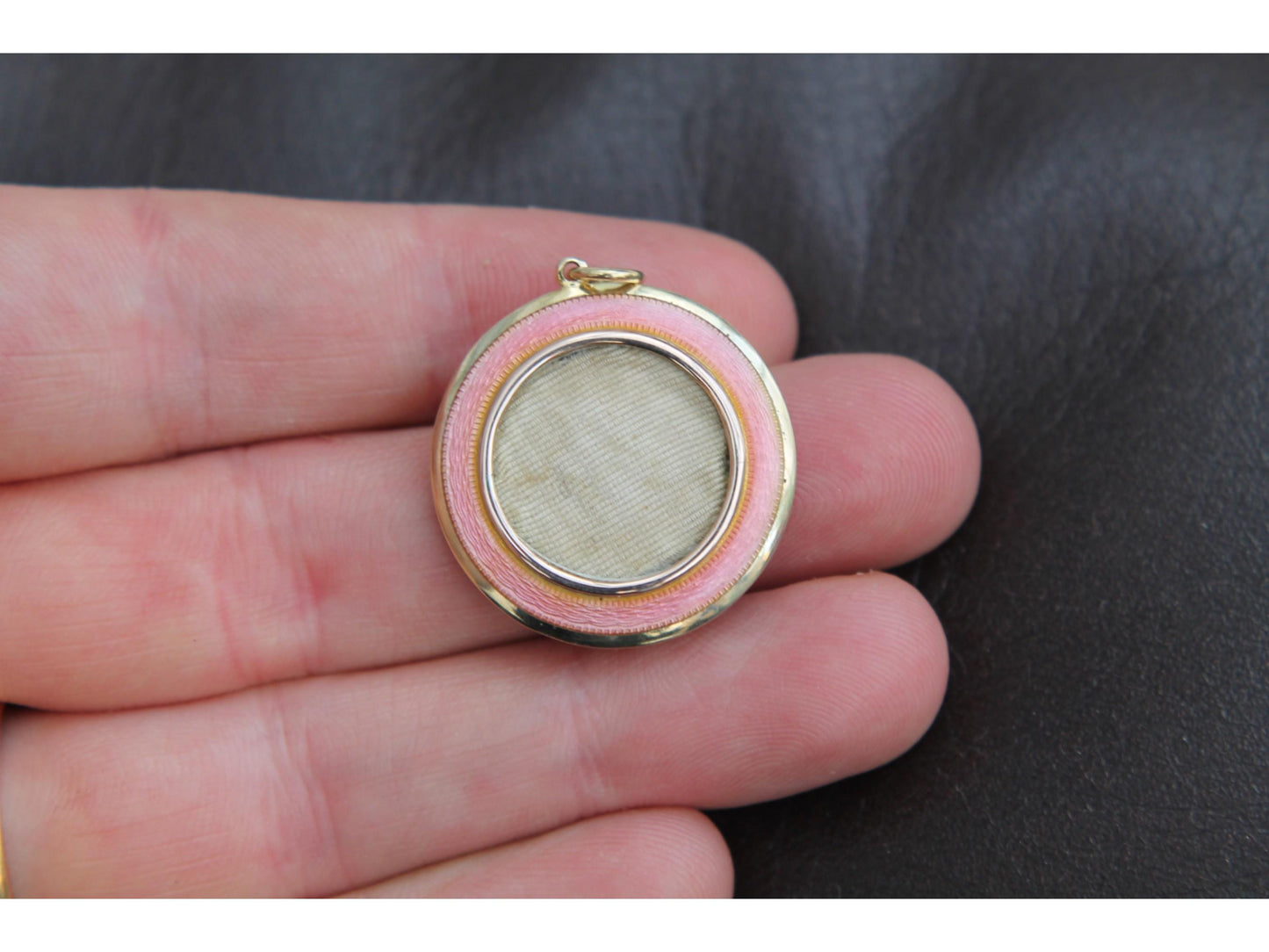 Antique 9ct Gold Pink Guilloche Enamel Locket Pendant