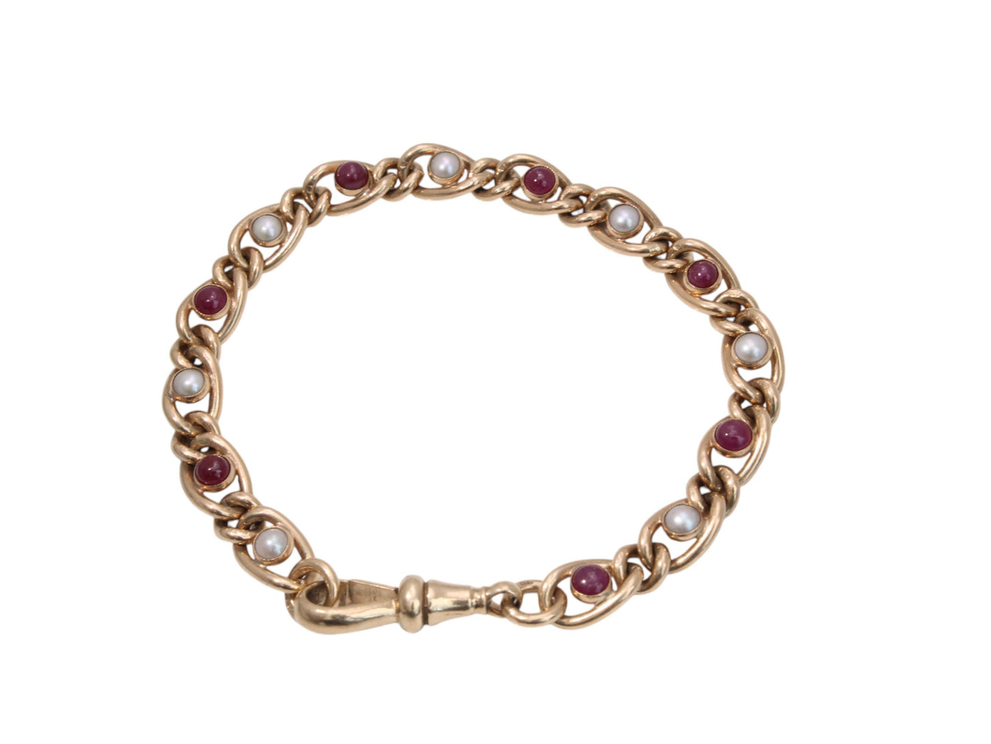 Antique 9ct Yellow Gold Ruby Cabochon Pearl Bracelet 1.75ct, 7.5"