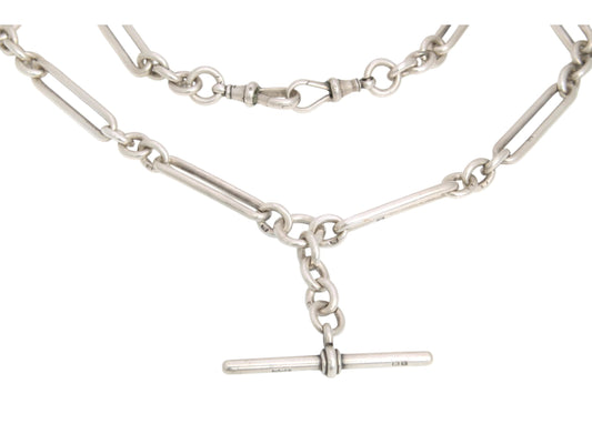 Antique Sterling Silver Trombone Link Albert Chain Necklace, 15.25"