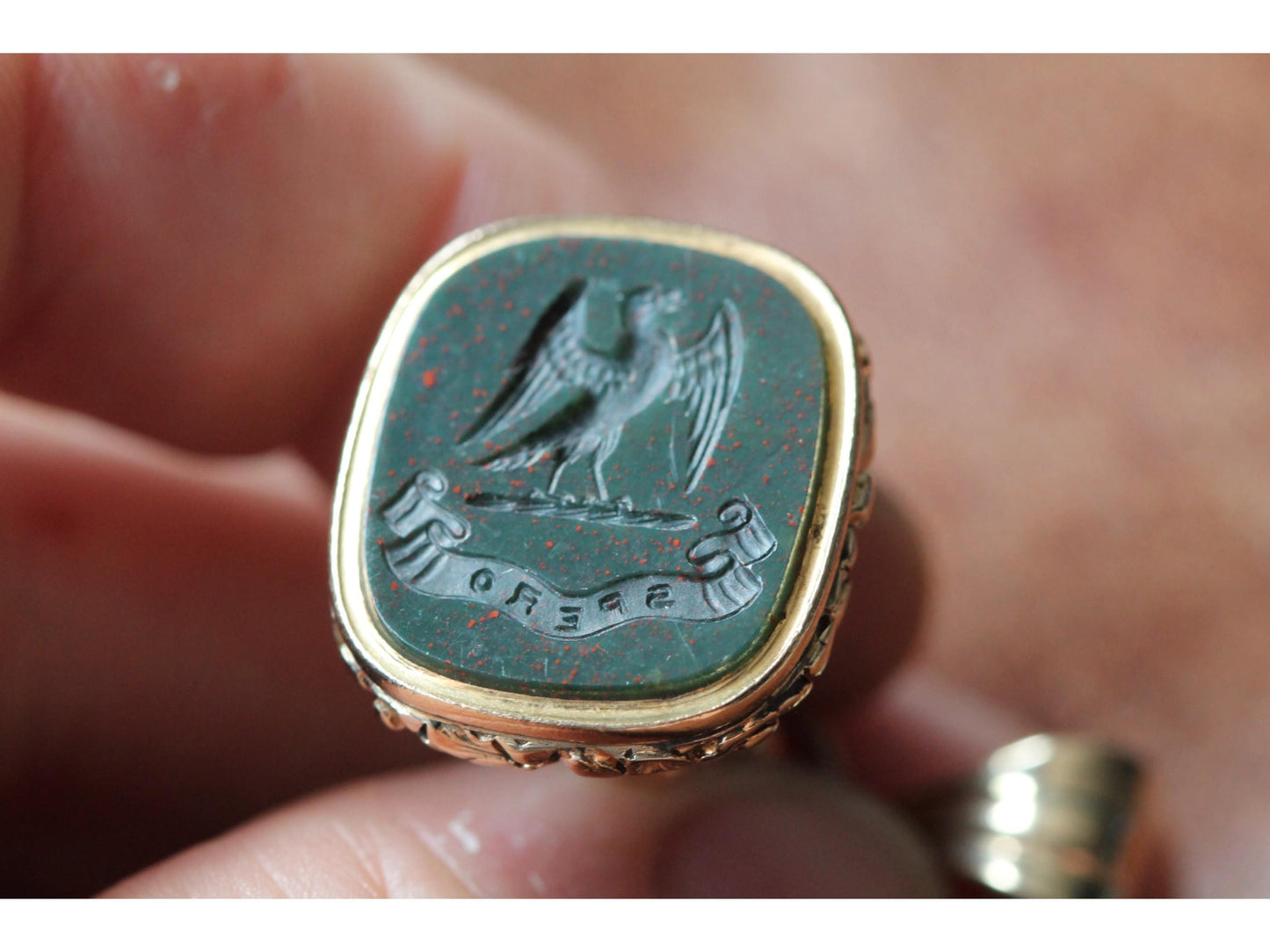 Antique 9ct Gold Phoenix "I Hope" Intaglio Bloodstone Pendant Seal