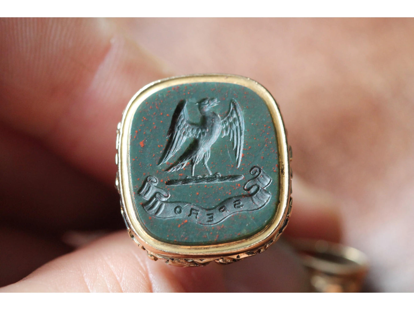 Antique 9ct Gold Phoenix "I Hope" Intaglio Bloodstone Pendant Seal