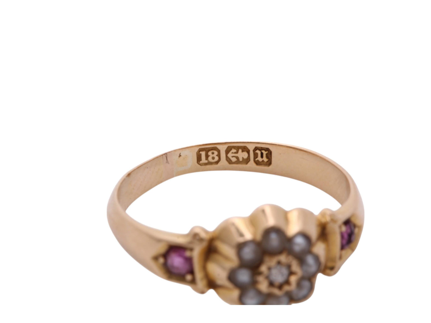 Antique-18ct-Gold-Diamond,-Ruby-&-Pearl-Flower-Ring,-1894