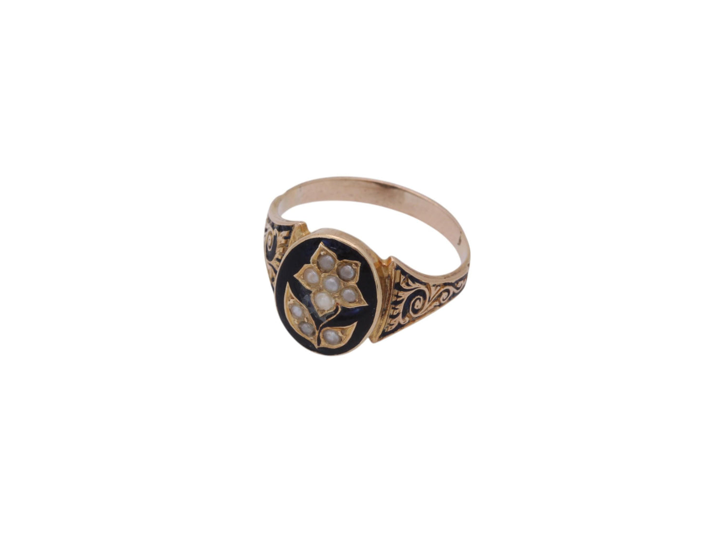 Antique Victorian 15ct Gold Black Enamel Forget Me Not Flower Ring
