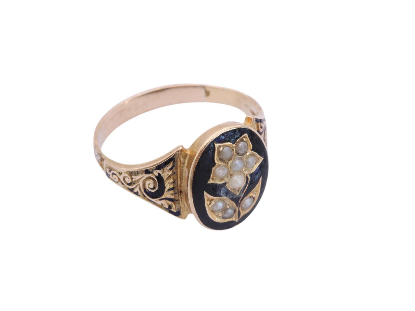 Antique Victorian 15ct Gold Black Enamel Forget Me Not Flower Ring