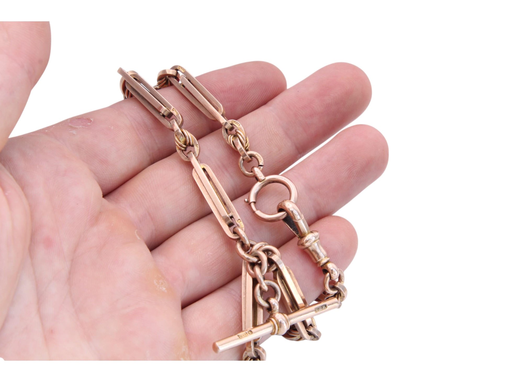 Antique-9ct-Gold-Fetter-&-Love-Knot-Link-Double-Albert-Necklace-Chain,-45g,-15.25"