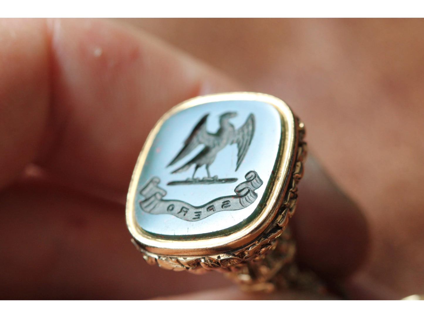 Antique 9ct Gold Phoenix "I Hope" Intaglio Bloodstone Pendant Seal