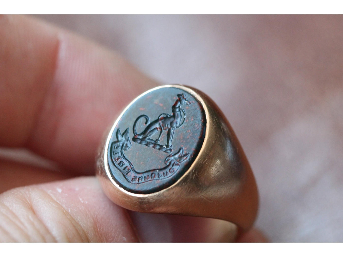 Antique 15ct Gold Bloodstone Intaglio Greyhound Crest 'Always Faithful' Signet Ring, Australian Colonial Hallmarks