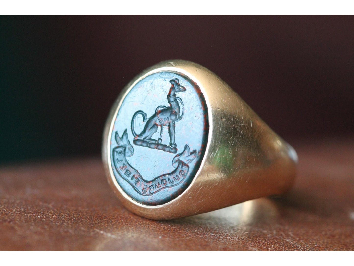 Antique 15ct Gold Bloodstone Intaglio Greyhound Crest 'Always Faithful' Signet Ring, Australian Colonial Hallmarks