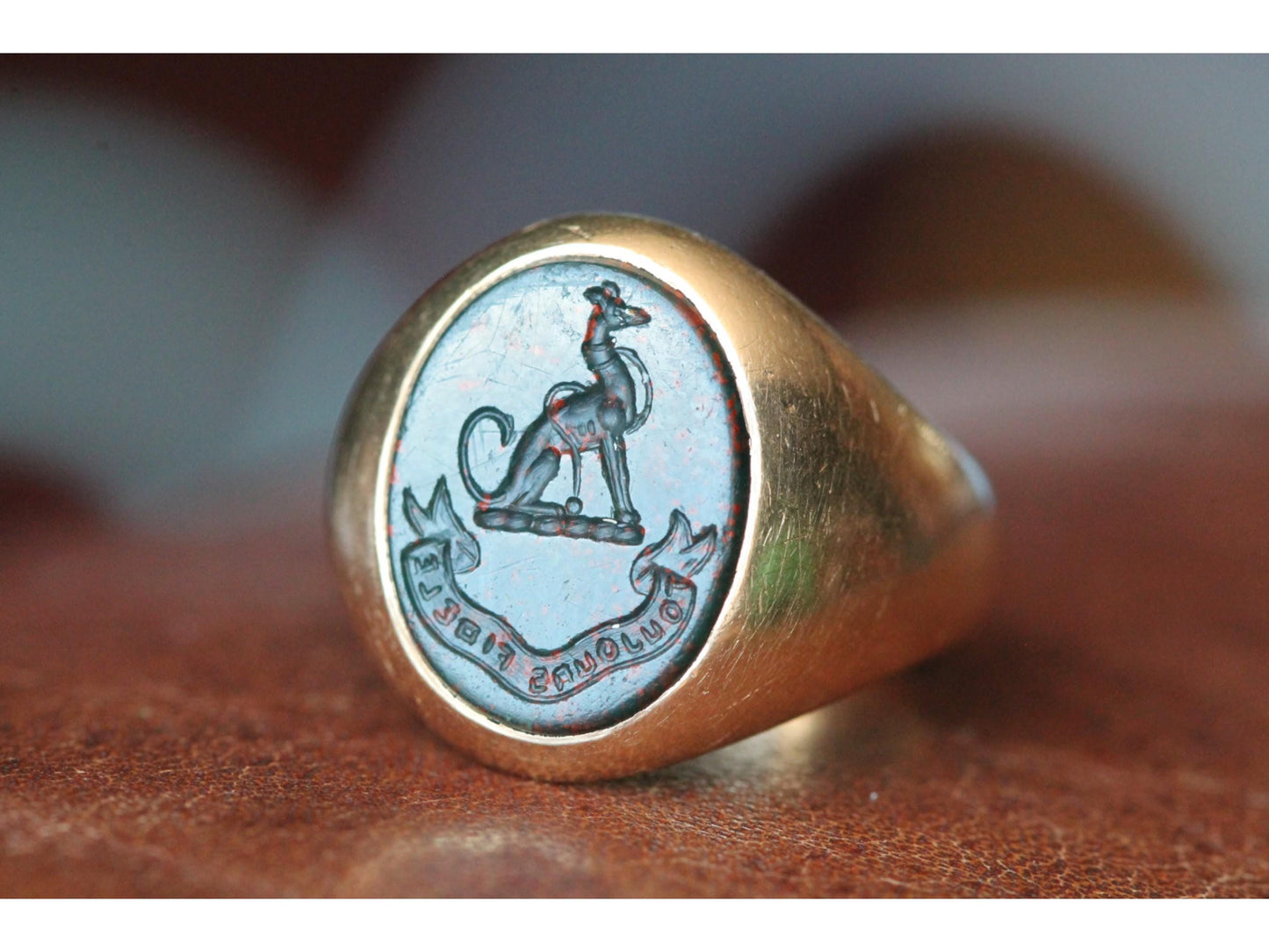 Antique 15ct Gold Bloodstone Intaglio Greyhound Crest 'Always Faithful' Signet Ring, Australian Colonial Hallmarks