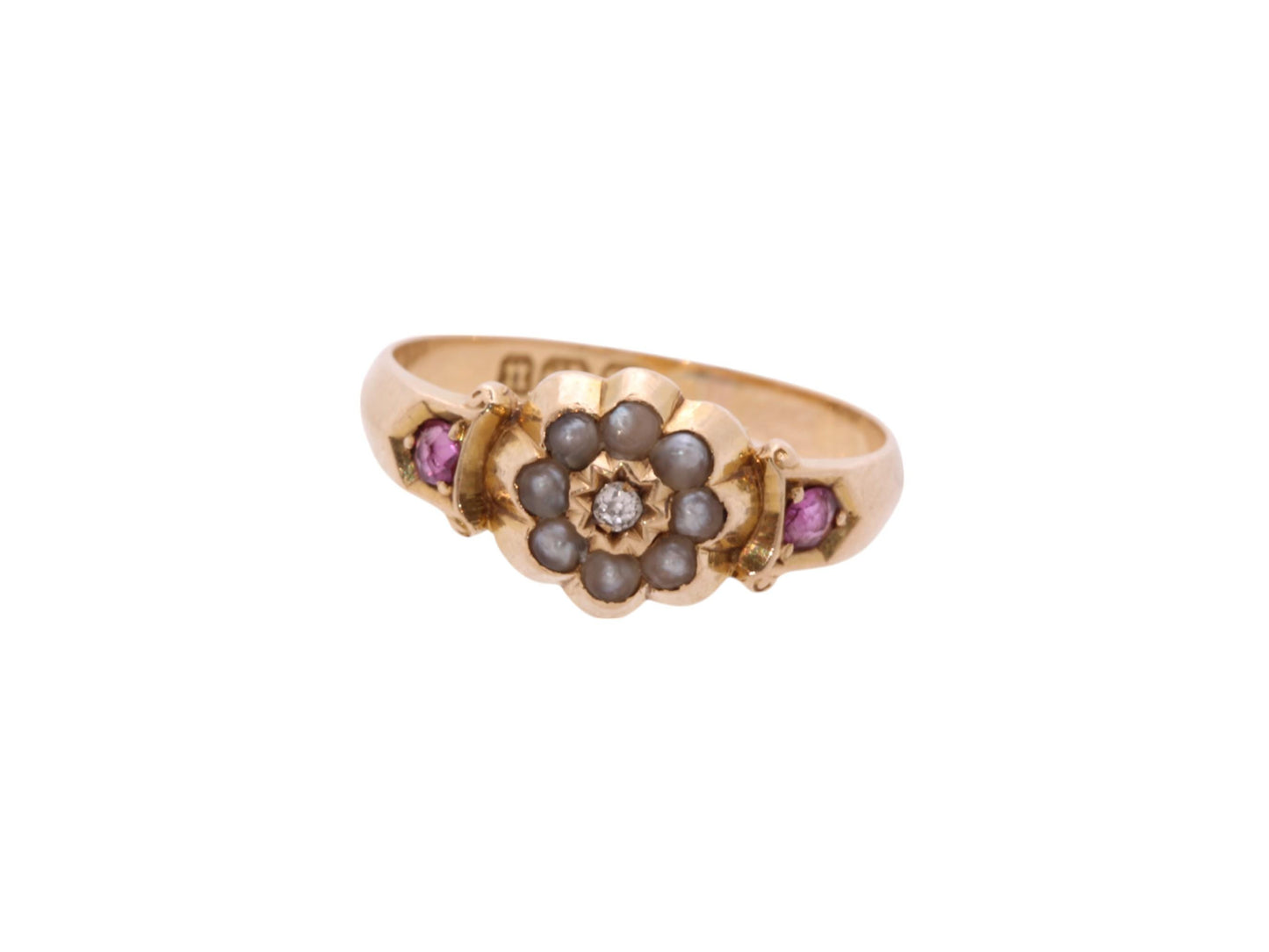 Antique 18ct Gold Diamond, Ruby & Pearl Flower Ring, 1894