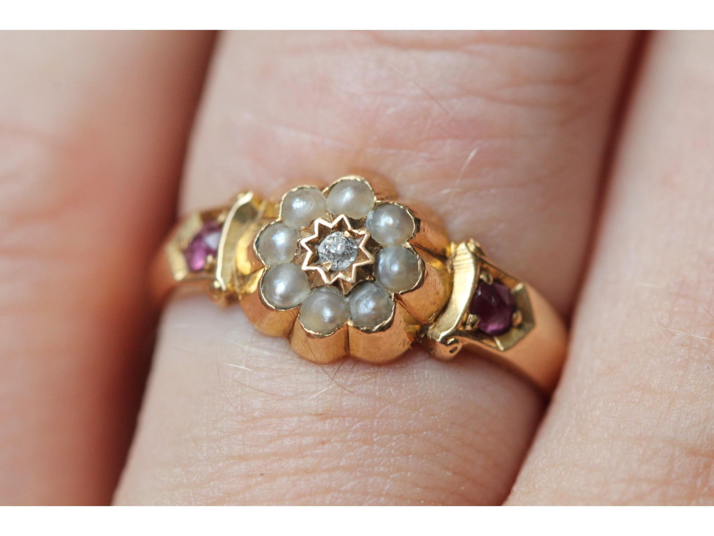 Antique 18ct Gold Diamond, Ruby & Pearl Flower Ring, 1894
