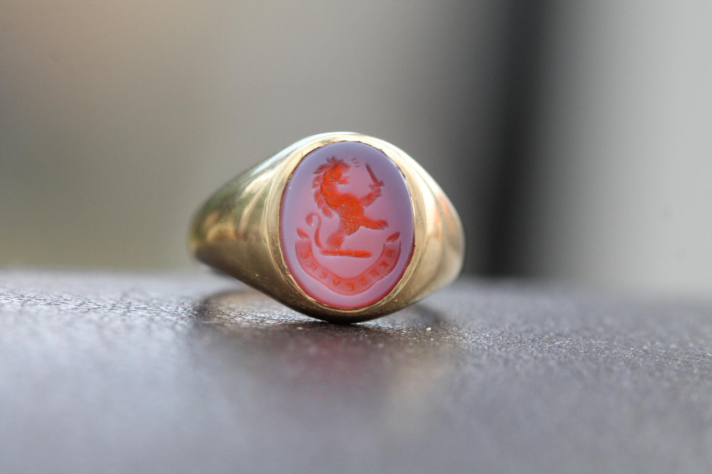Vintage 18ct Gold Sardonyx Intaglio Lion 'Persevere' Signet Ring, 1997