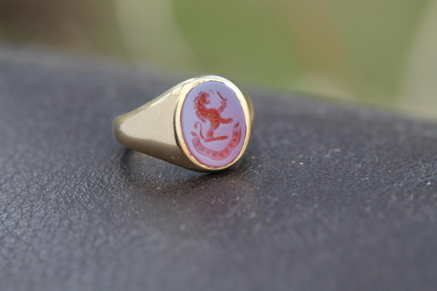 Vintage 18ct Gold Sardonyx Intaglio Lion 'Persevere' Signet Ring, 1997