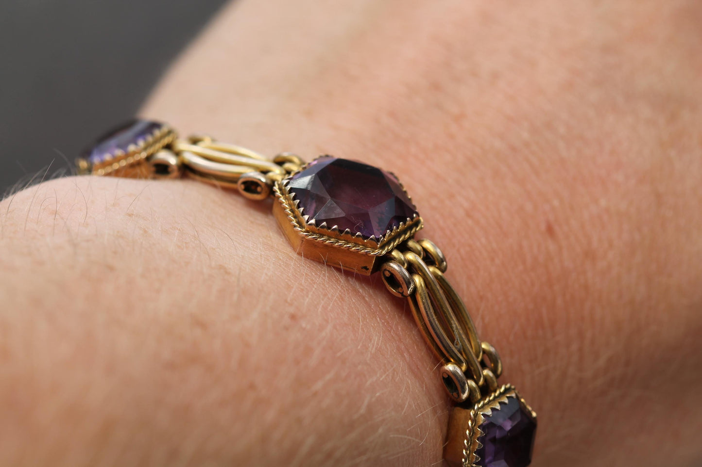 Antique 9ct Gold Amethyst Bracelet, 7"