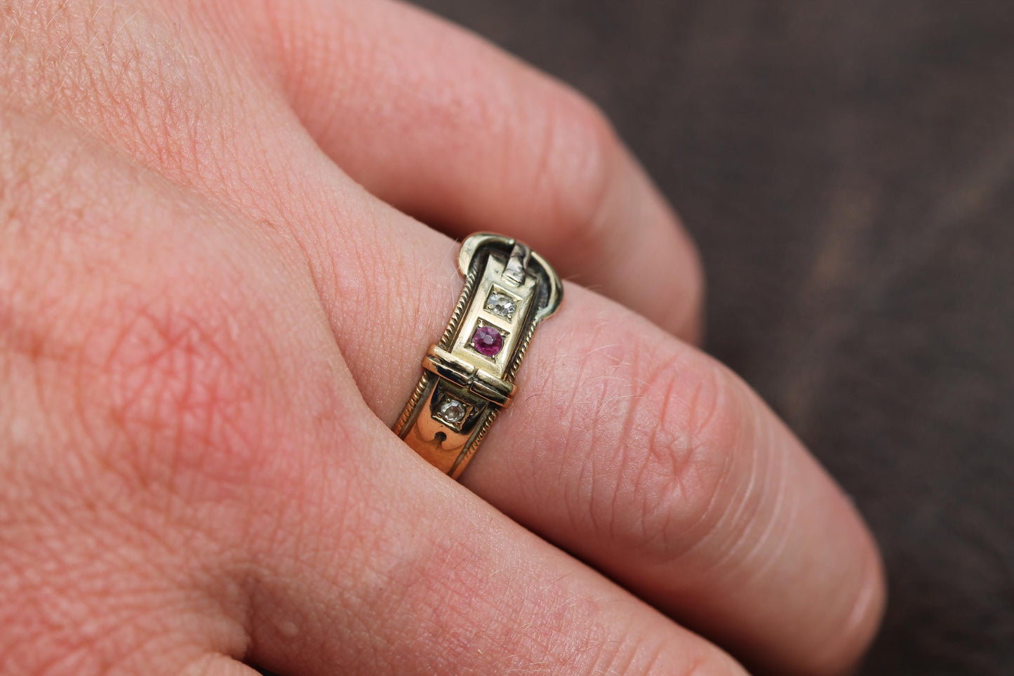 Antique 18ct Gold Diamond Ruby Buckle Ring, 1882