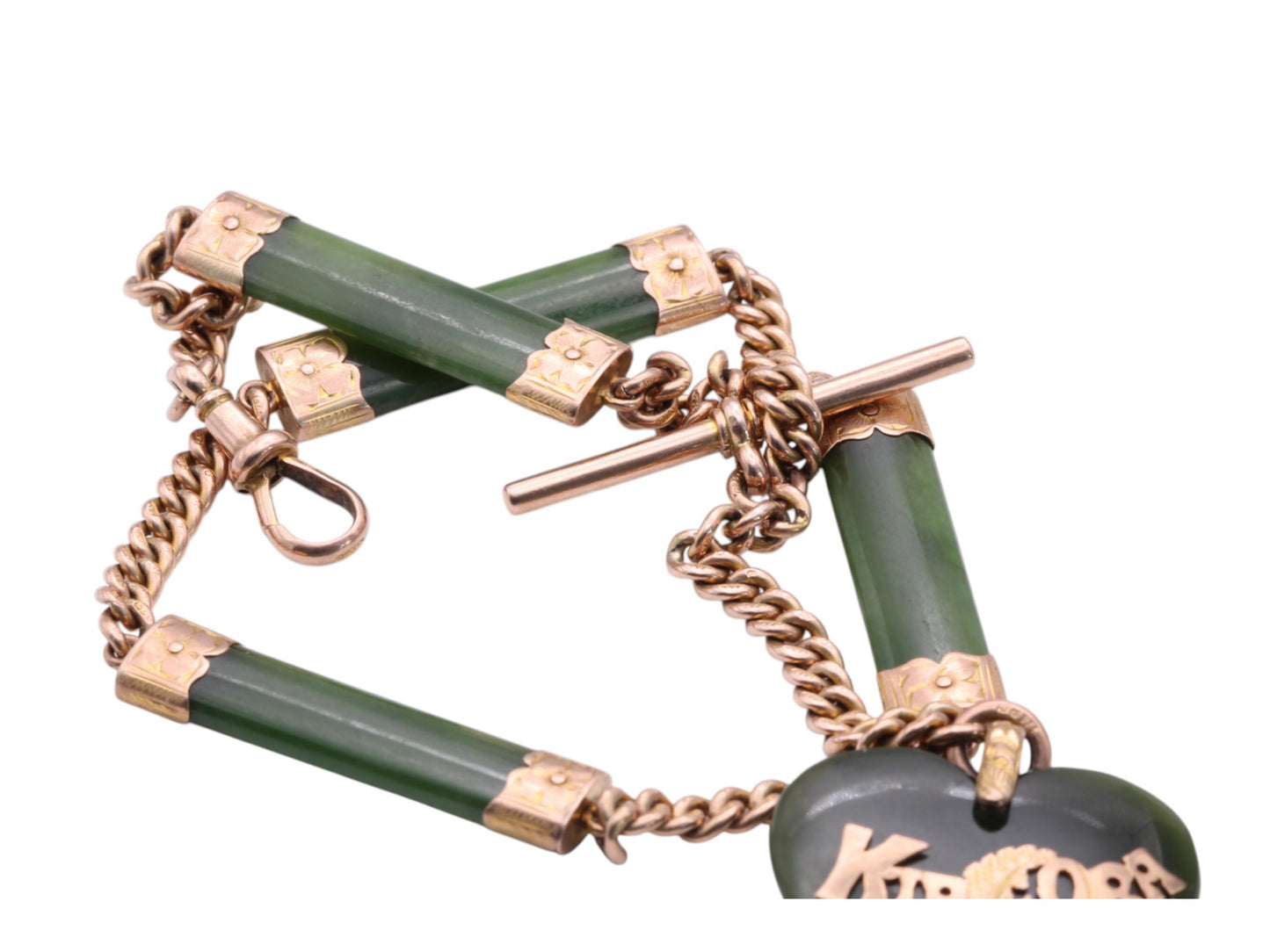 Antique 9ct Gold New Zealand Nephrite Chain With 'KIA ORA' Heart